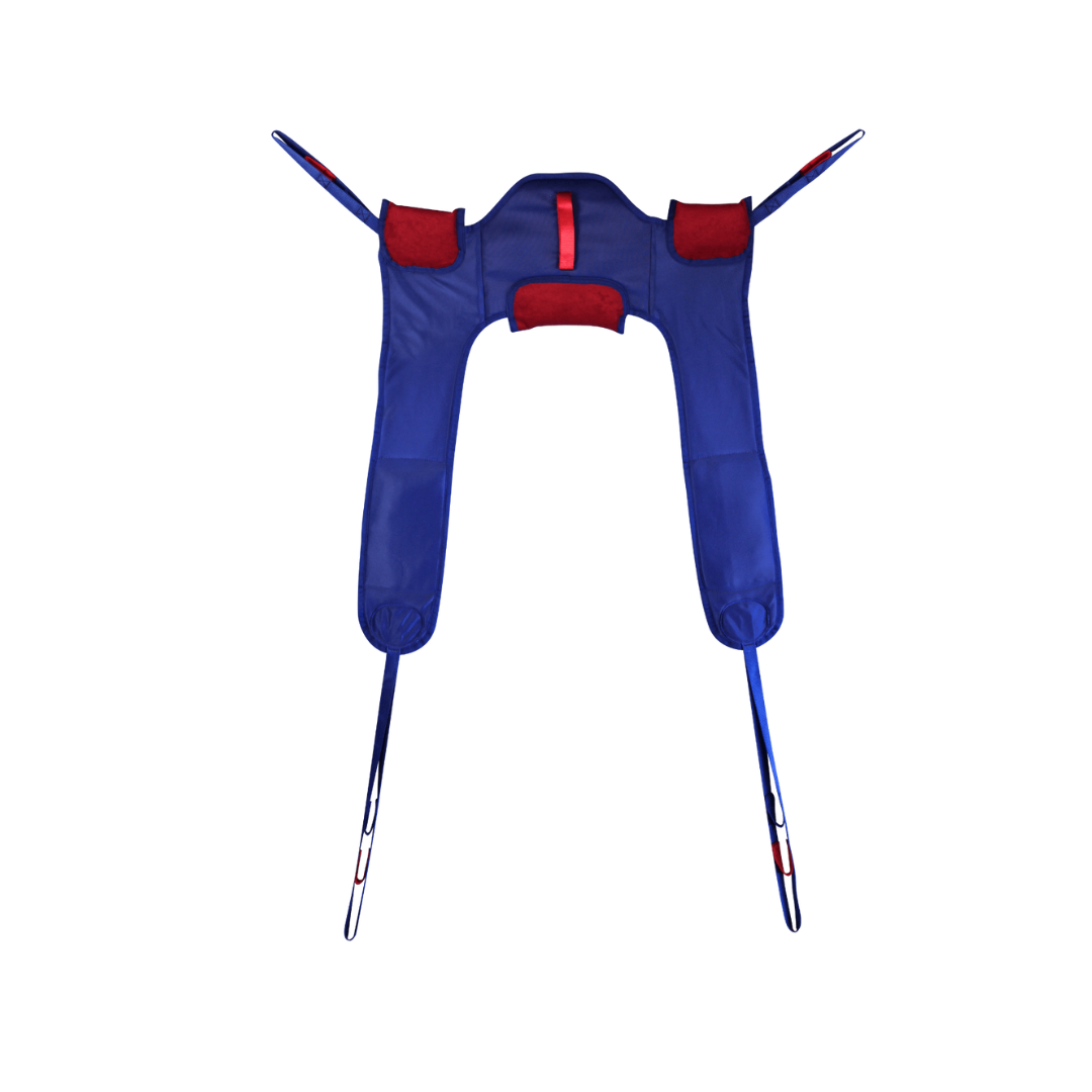 A blue Bestcare Sani-Slings patient transfer sling with red padding and straps, designed for Stand Assist lifts; it features four attachment points and a cutout for seating support, ideal for individuals with limited mobility.